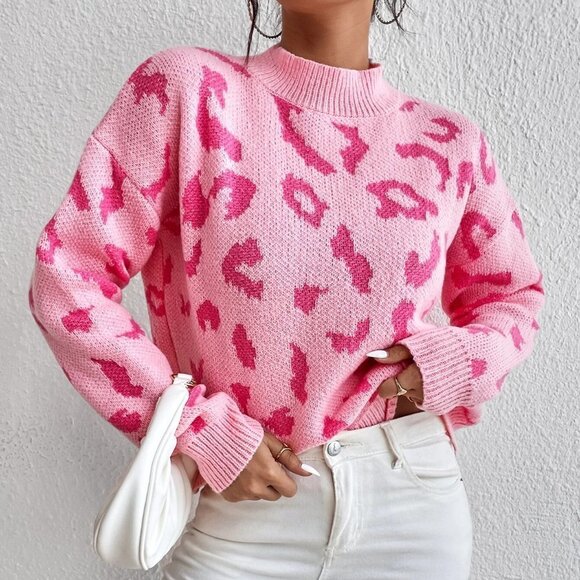Pink Casual Womens Leopard Pattern Mock Neck Drop Shoulder Sweater - Picture 5 of 5